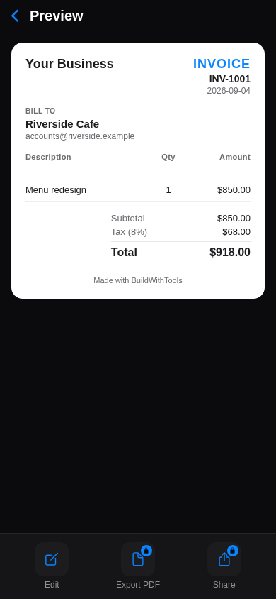 BuildWithTools invoice document preview