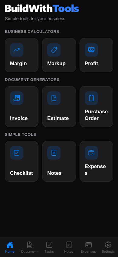 BuildWithTools home dashboard with nine business tools